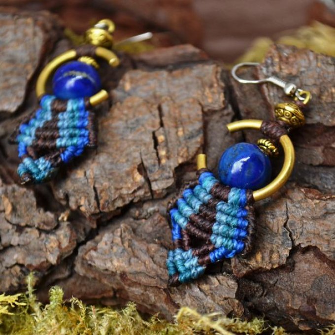Boucle d'oreille Djoliba, lapis lazuli, bleu et marron